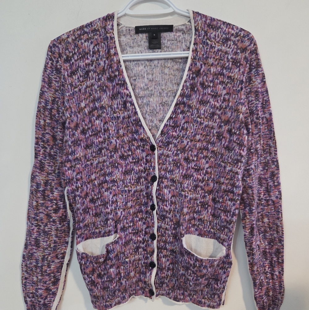 Marc Jacobs Purple Multicolor Knit Cardigan with White Trim